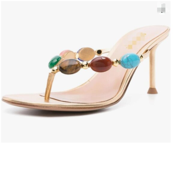 FSJ Shoes - FSJ Gold Jewelled Open Toe Flip Flops Thin High Heel Slip on Thong Sandals